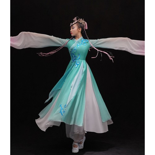 Blue with pink chinese folk Classical dance dresses for women young girls Chinese traditional style Wei Han Jinghong dance costumes waterfall sleeve fairy dance costumes